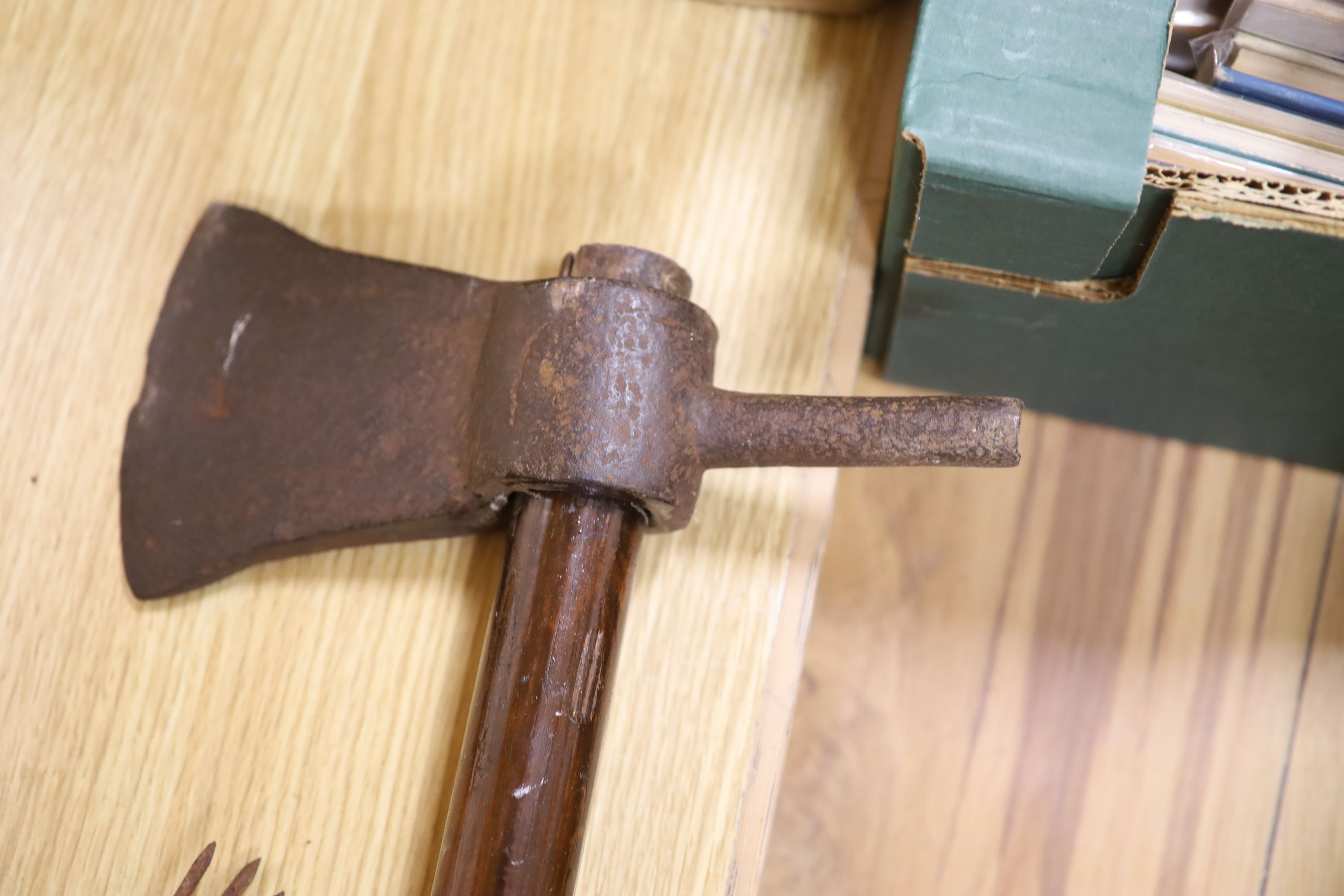 Items from an abbatoir; a twin head axe, iron chopper, a set of Salter scales and a meat skewer